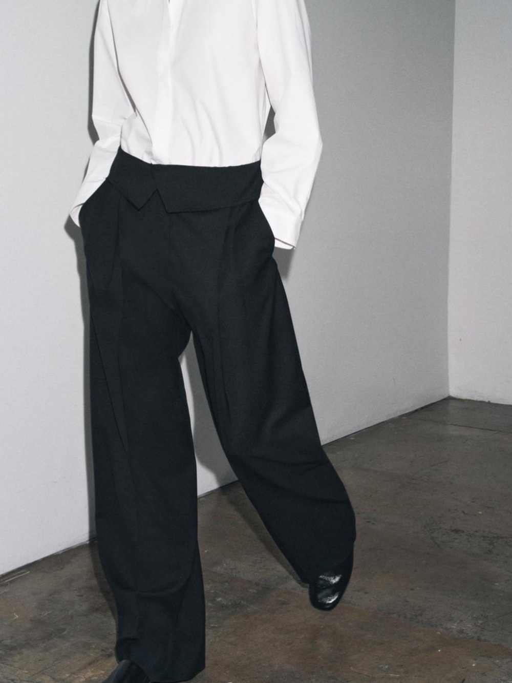 Zara NWT black pleated fold over wide leg trousers 8619/461